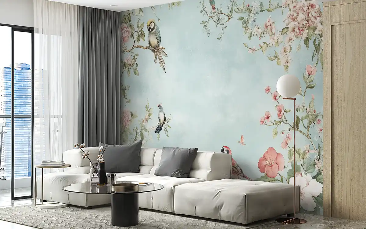 Elegant living room with floral wallpaper, soft pastel colors, and modern furniture for a cozy atmosphere.