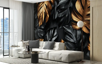 Elegant black and gold tropical leaf wallpaper in a modern living room, enhancing luxury and style.